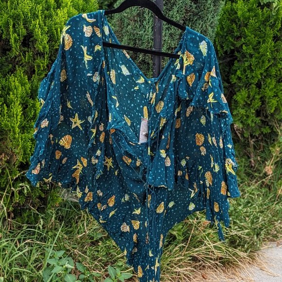 Free People Seashell Teal Combo open back mini dress NWT sz Lg - Picture 4 of 9